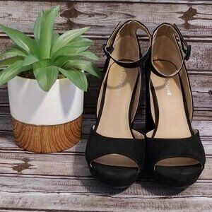 Sun & Stone Suede Platform Heels Angle Strap Dress Sandals New - Black Size 11